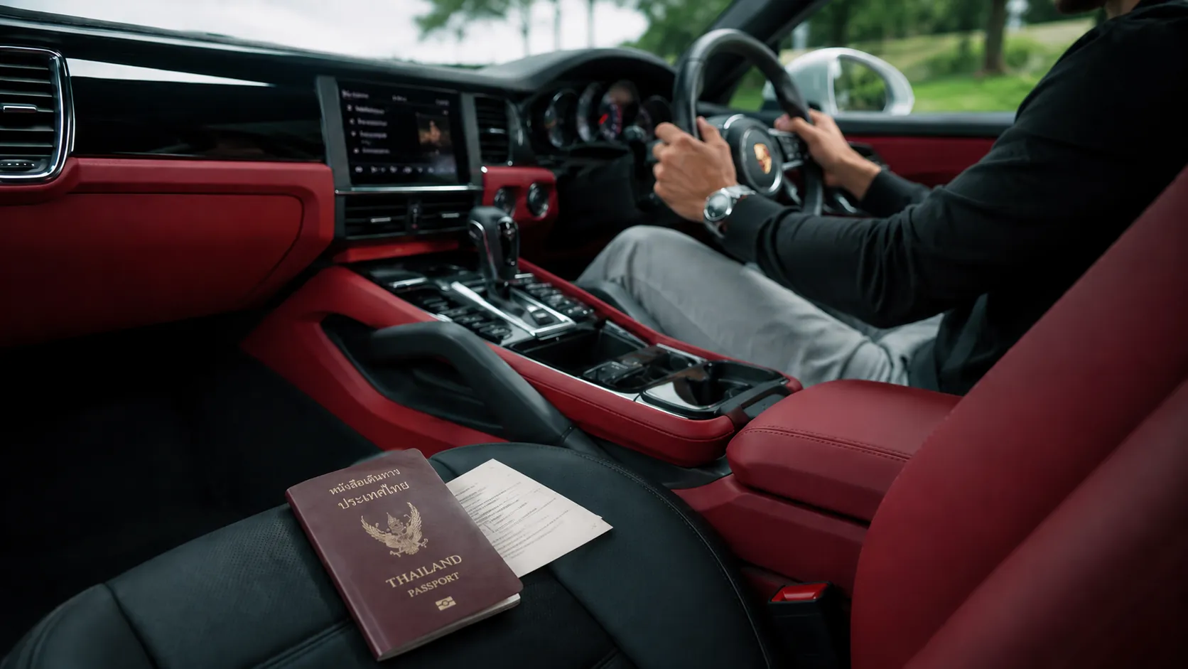 Passport and driving documents inside a luxury car